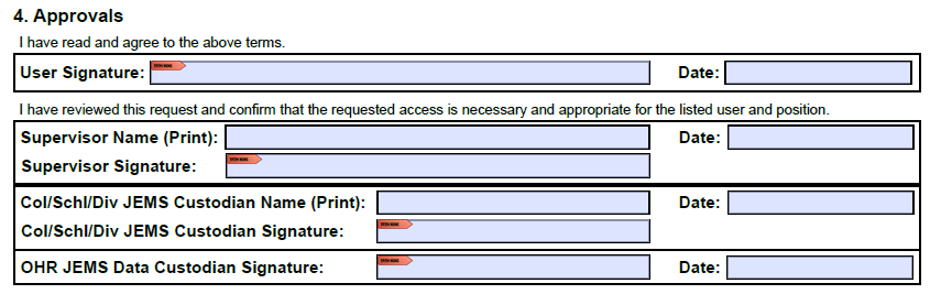 Screenshot of Section 4 - Approvals from JEMS Authorization Form