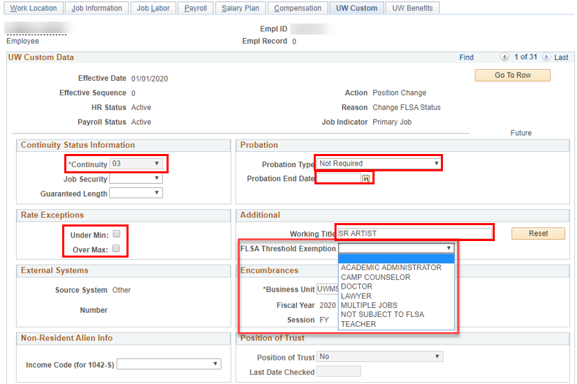 Image of FLSA drop down and continuity fields